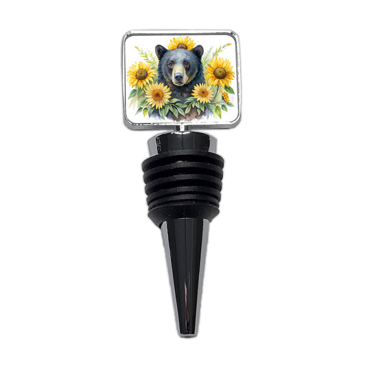 Black Bear Watercolor Design With Sunflowers Wine Bottle Stopper