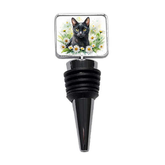 Black Cat Watercolor Design With Daisies Wine Bottle Stopper