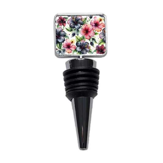 Black Pink Hibiscus Flowers Watercolor Wine Bottle Stopper