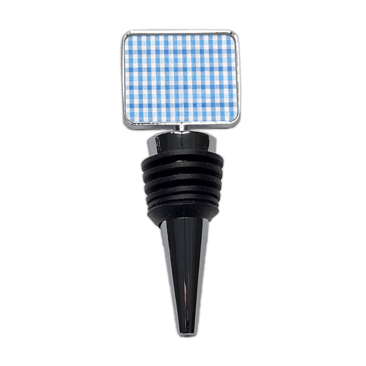 Blue White Gingham Watercolor Wine Bottle Stopper