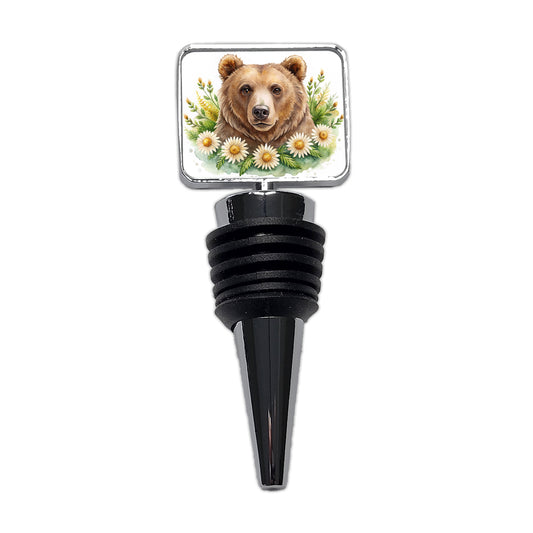 Brown Bear Watercolor Design With Daisies Wine Bottle Stopper