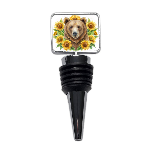 Brown Bear Watercolor Design With Sunflowers Wine Bottle Stopper