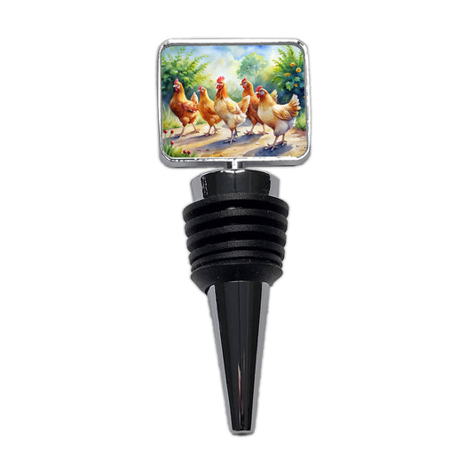 Chickens Walking Around Watercolor Wine Bottle Stopper