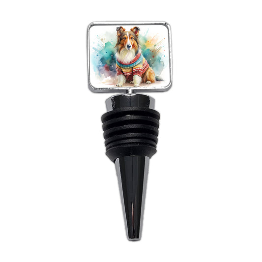 Collie Dog Wearing A Sweater Watercolor Wine Bottle Stopper