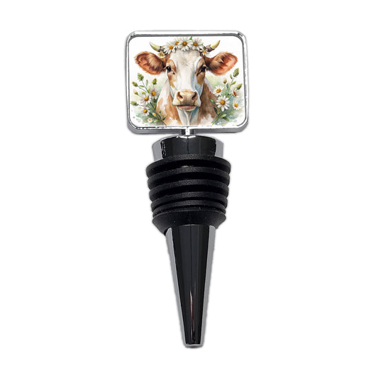Cow Watercolor With Daisies Wine Bottle Stopper
