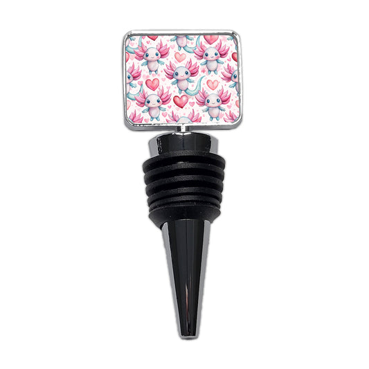 Cute Axolotls Hearts Watercolor Wine Bottle Stopper