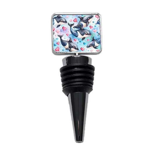 Cute Orcas Whales Hearts Watercolor Wine Bottle Stopper