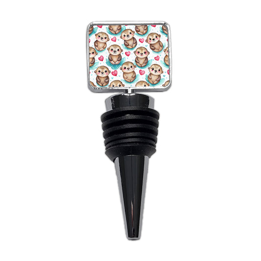 Cute Otters Hearts Watercolor Wine Bottle Stopper