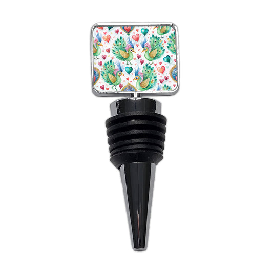 Cute Peacocks Hearts Watercolor Wine Bottle Stopper