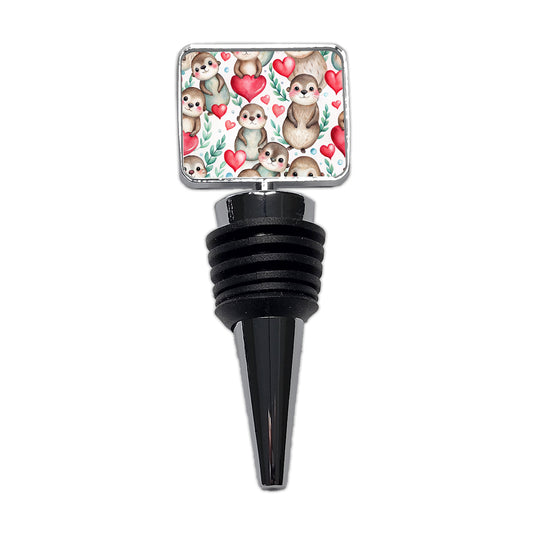 Cute River Otter Hearts Watercolor Wine Bottle Stopper