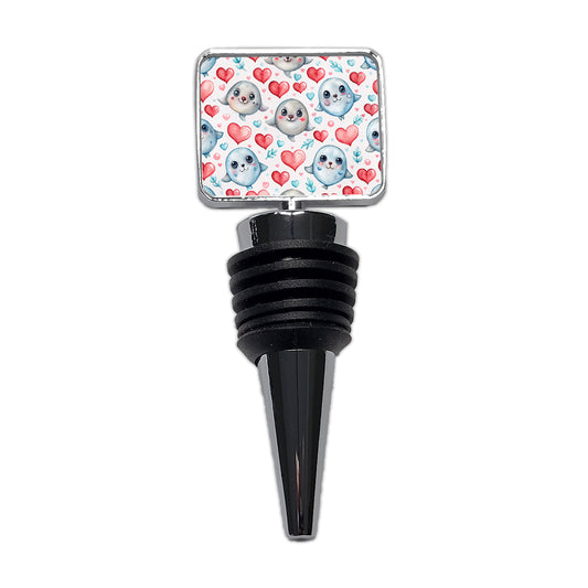 Cute Seals Hearts Watercolor Wine Bottle Stopper