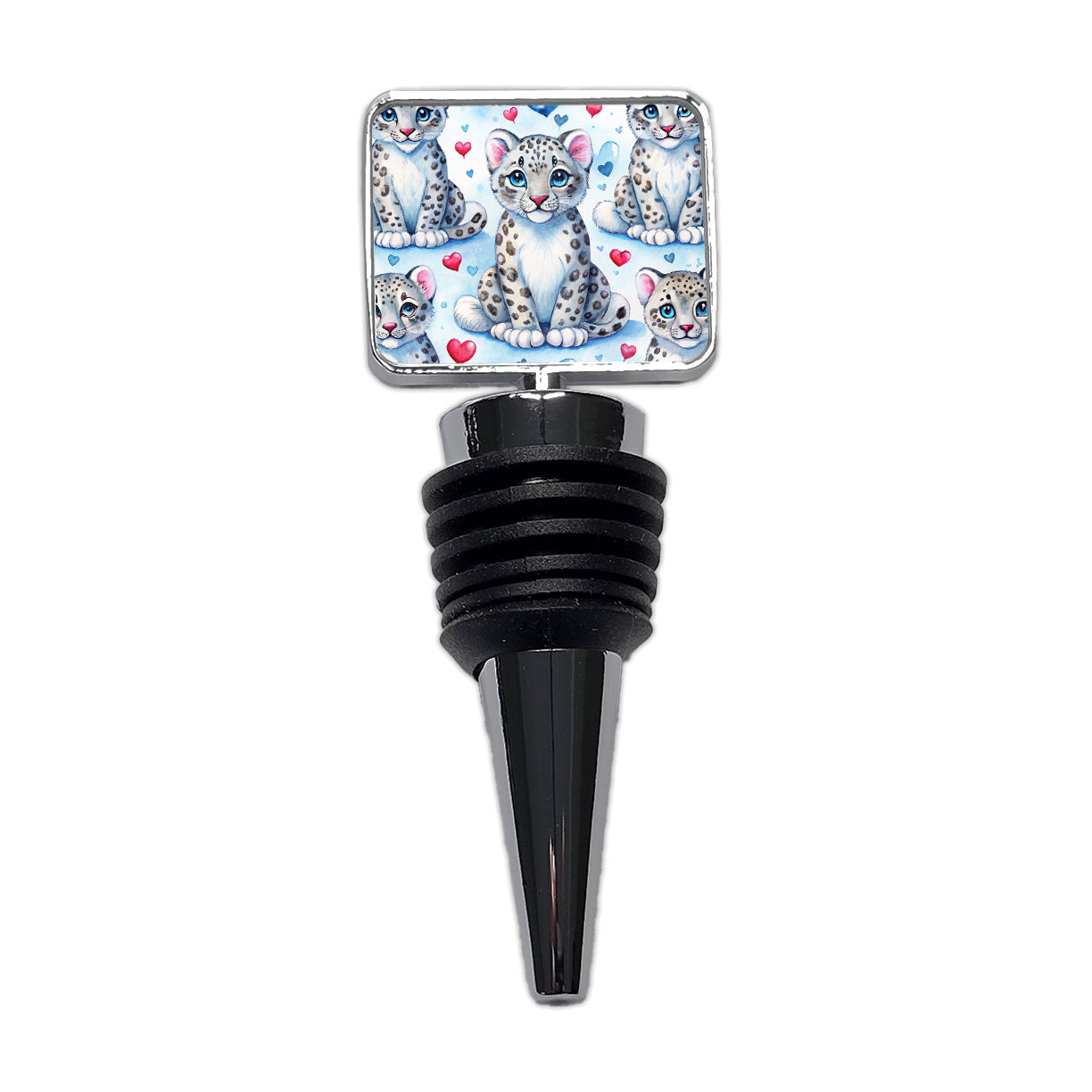 Cute Snow Leopard Hearts Watercolor Wine Bottle Stopper