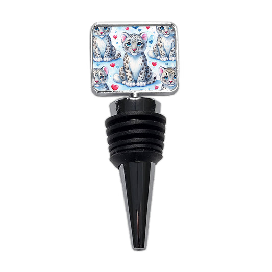 Cute Snow Leopard Hearts Watercolor Wine Bottle Stopper