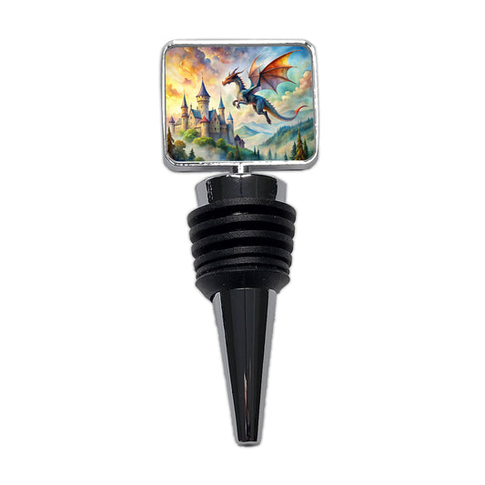 Dragon Flying Over Castle Watercolor Fantasy Wine Bottle Stopper
