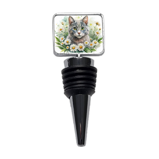 Gray Cat Watercolor Design With Daisies Wine Bottle Stopper