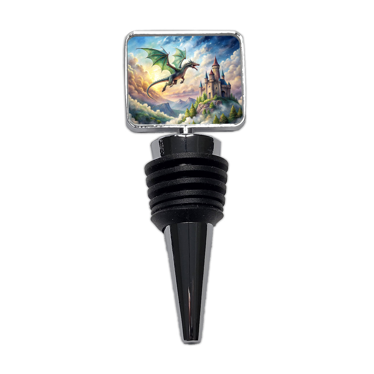 Green Dragon Flying Over Castle Watercolor Fantasy Wine Bottle Stopper