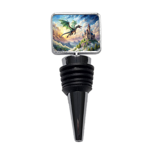 Green Dragon Flying Over Castle Watercolor Fantasy Wine Bottle Stopper