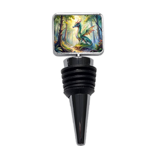 Green Dragon In Forest Watercolor Fantasy Wine Bottle Stopper