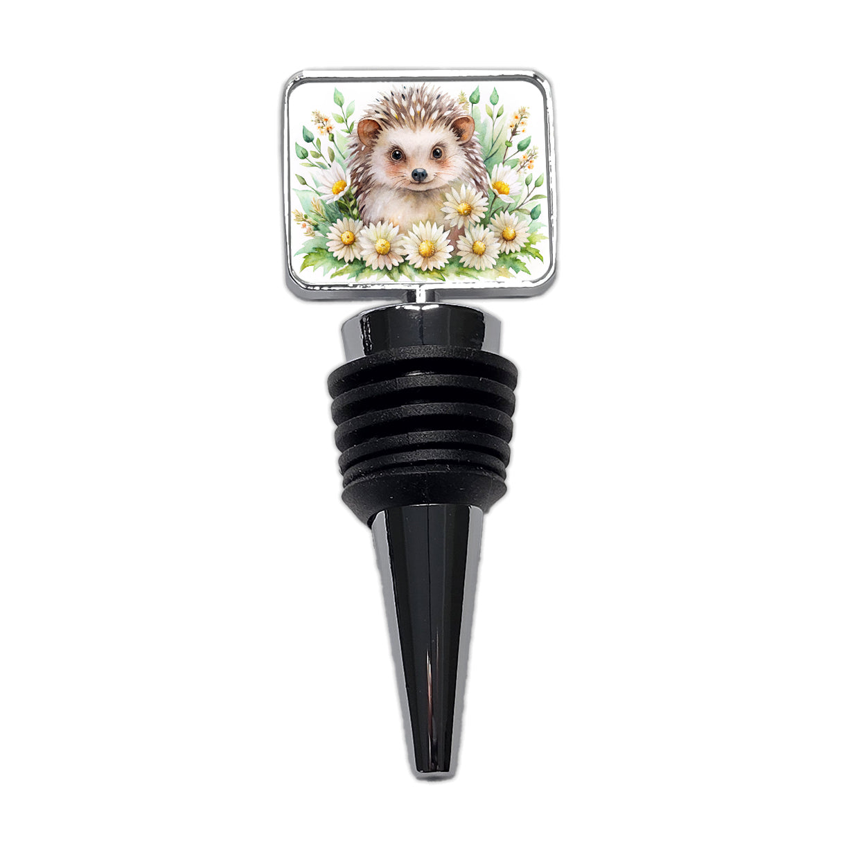 Hedgehog Watercolor Design With Daisies Wine Bottle Stopper