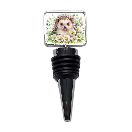 Hedgehog Watercolor Design With Daisies Wine Bottle Stopper