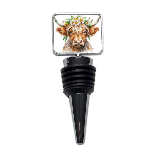 Highland Cow Watercolor Design With Daisies Wine Bottle Stopper