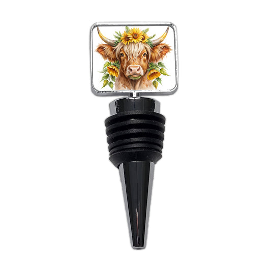 Highland Cow Watercolor Design With Sunflowers Wine Bottle Stopper