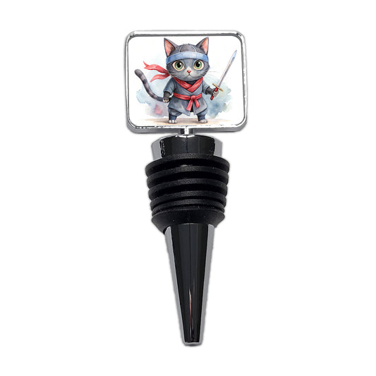 Ninja Cat Watercolor Wine Bottle Stopper