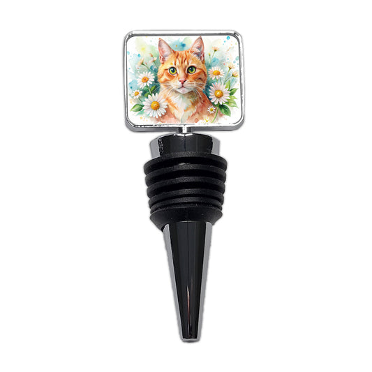Orange Cat Watercolor Design With Daisies Wine Bottle Stopper