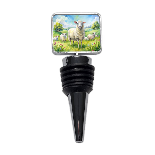 Sheep In Meadow Watercolor Design Wine Bottle Stopper