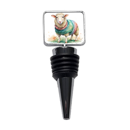 Sheep Wearing A Sweater Watercolor Wine Bottle Stopper