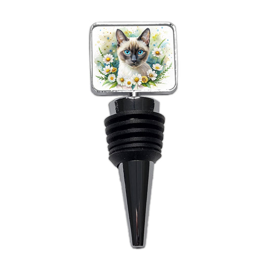 Siamese Cat Watercolor Design With Daisies Wine Bottle Stopper