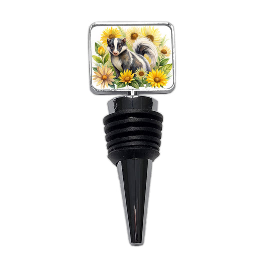 Skunk Watercolor Design With Sunflowers Wine Bottle Stopper