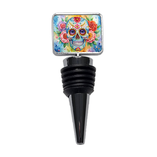 Sugar Skull Watercolor Wine Bottle Stopper