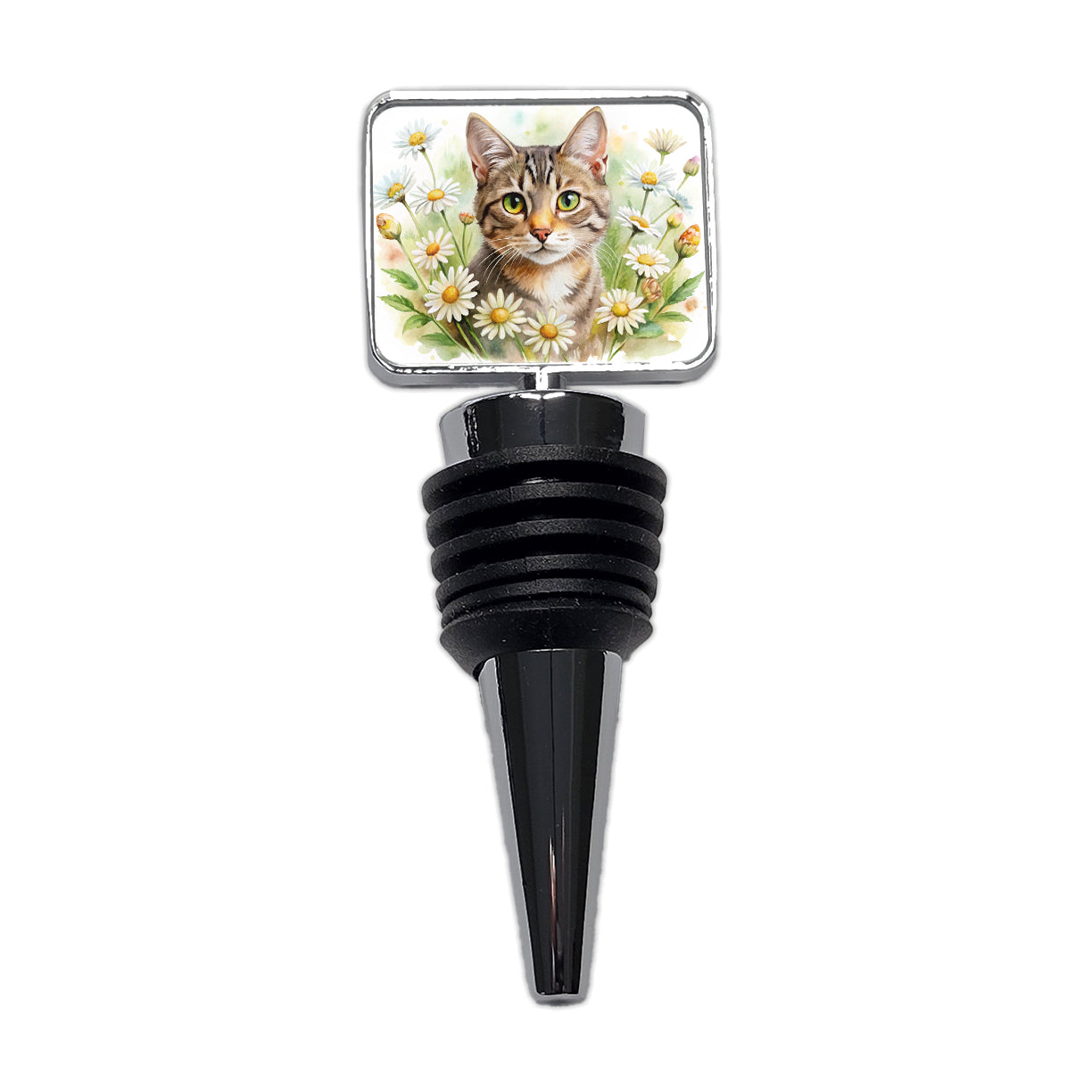 Tabby Cat Watercolor Design With Daisies Wine Bottle Stopper