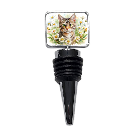 Tabby Cat Watercolor Design With Daisies Wine Bottle Stopper
