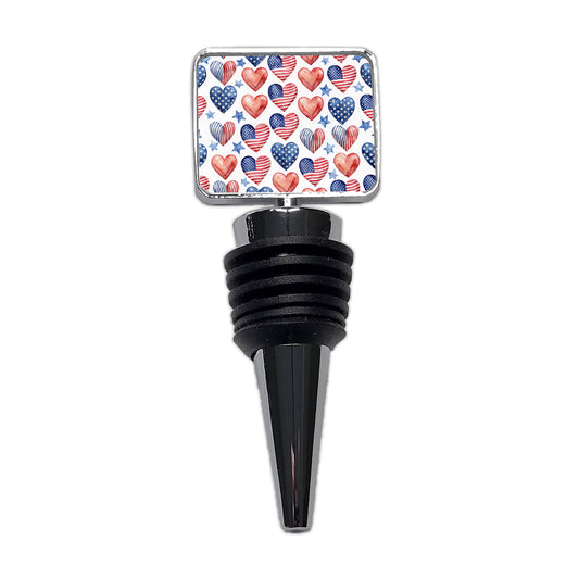 USA American Flags Hearts 4th of July Patriotic Watercolor Wine Bottle Stopper