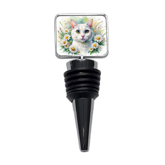 White Cat Watercolor Design With Daisies Wine Bottle Stopper