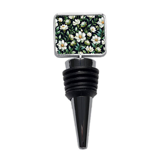White Flowers Black Background Wine Bottle Stopper