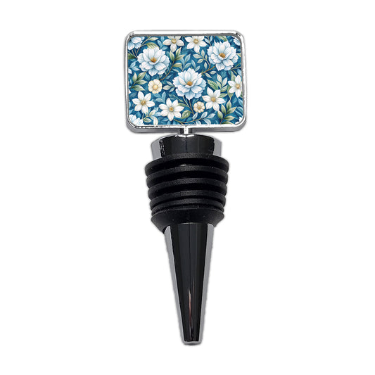 White Flowers Blue Background Wine Bottle Stopper