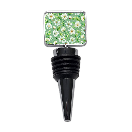White Flowers Green Background Wine Bottle Stopper