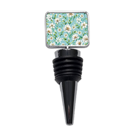 White Flowers Light Blue Background Wine Bottle Stopper