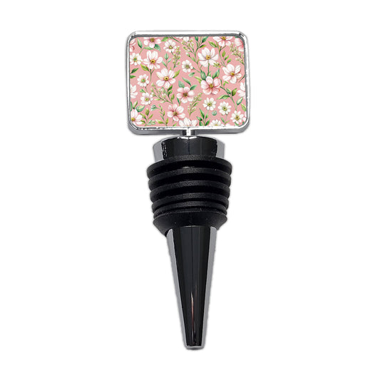 White Flowers Pink Background Wine Bottle Stopper