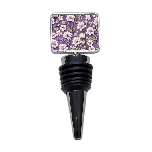 White Flowers Purple Background Wine Bottle Stopper