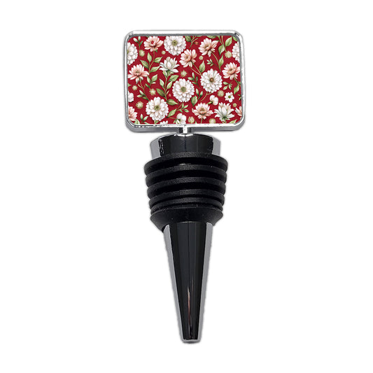 White Flowers Red Background Wine Bottle Stopper