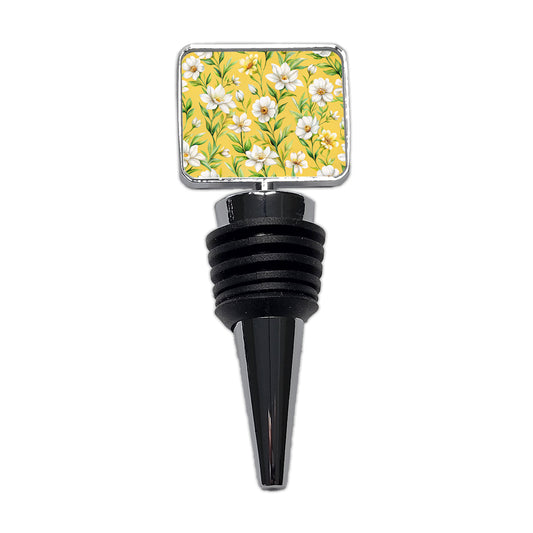 White Flowers Yellow Background Wine Bottle Stopper