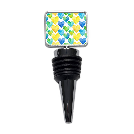 Yellow Blue Green Hearts Watercolor Wine Bottle Stopper