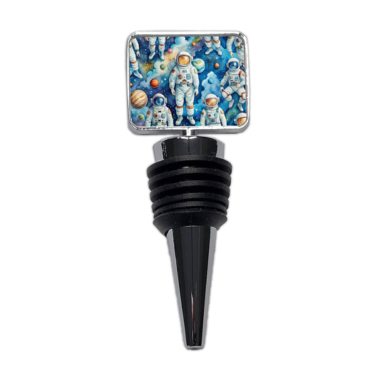 Astronauts In Space Watercolor Wine Bottle Stopper