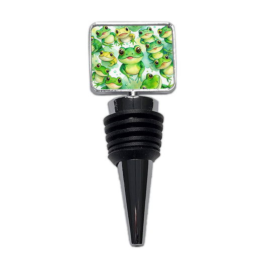 Bunch Of Cute Green Frogs Watercolor Wine Bottle Stopper