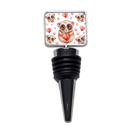 Chibi Slow Loris And Hearts Watercolor Wine Bottle Stopper