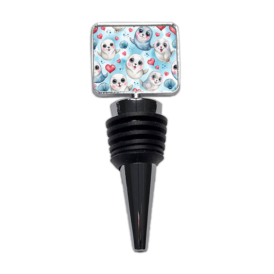 Cute Harp Seals And Hearts Watercolor Wine Bottle Stopper